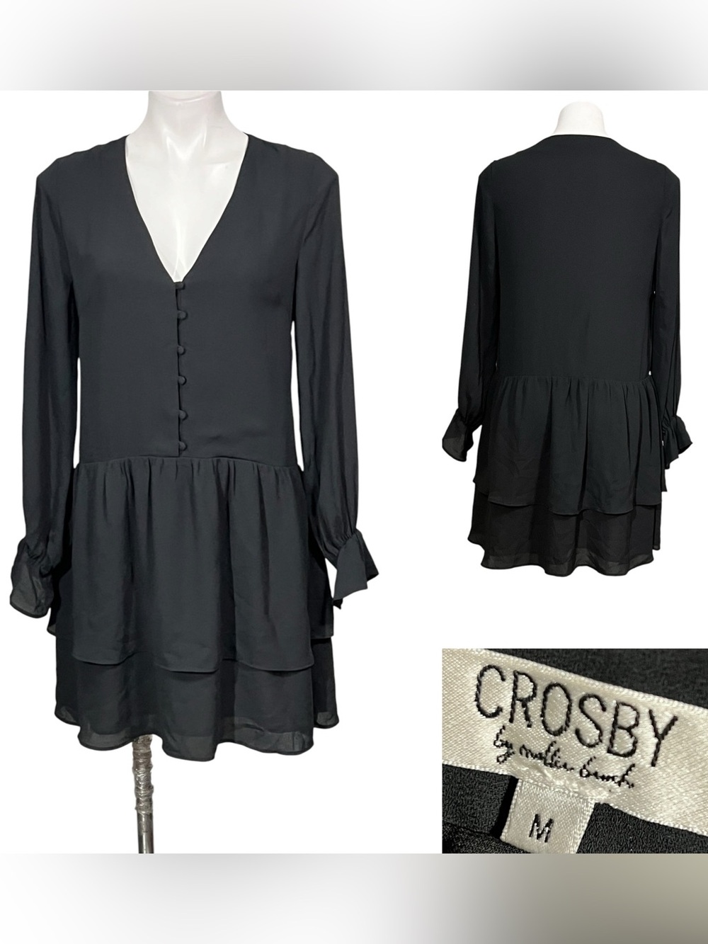 crosby by Mollie Burch dress Black V-Neck Tiered Long-Sleeve Med office cocktail